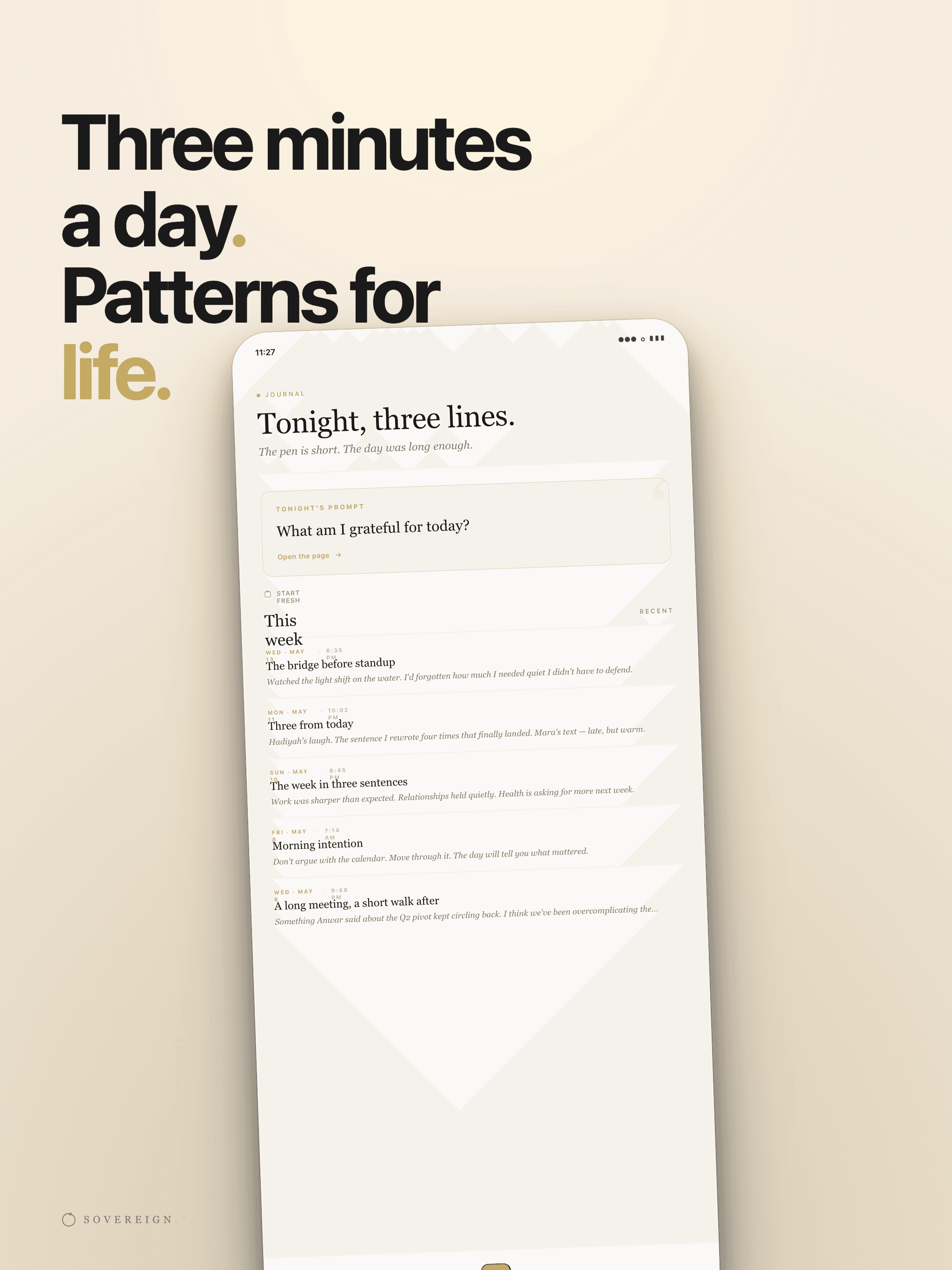 SOVEREIGN product preview showing the journal and daily entries.
