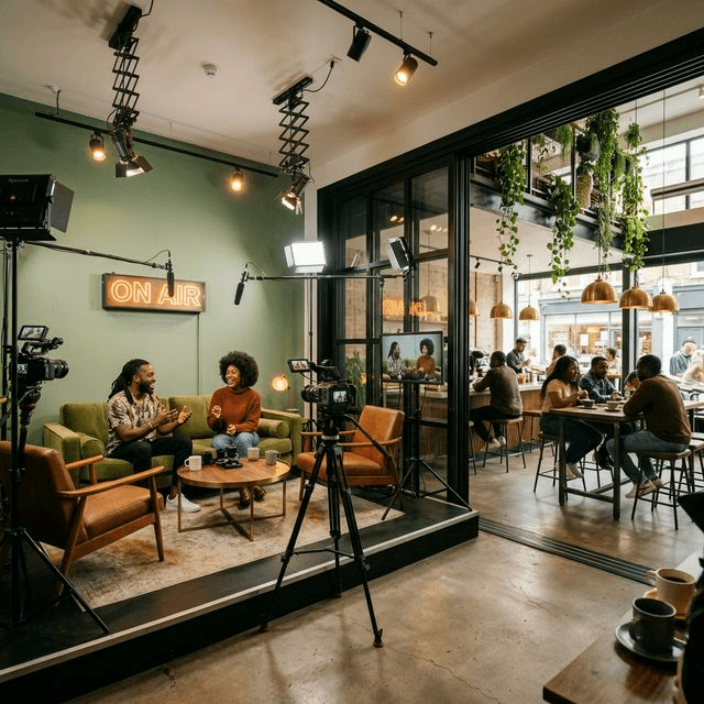 UNPLGD concept visualization of a production studio beside a café, separated by a glass wall.